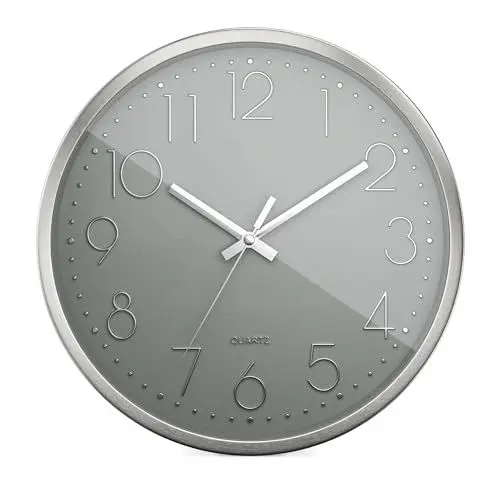 Produktbild: Mebus Quarzwanduhr | Leisegangwerk ohne Tick-Tack Geräusch | Aluminiumrahmen | arabisches Zifferblatt | 3D Ziffern | Aluminium Zeiger I 30 cm, Silber/Grau