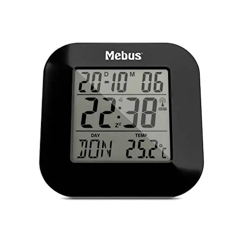 Produktbild: Mebus digitaler Funkwecker mit Thermometer, Datumsanzeige und Beleuchtung, Snooze-Funtion, Material: Kunststoff, Farbe: Schwarz, Modell: 51510, 8 x 8,5 x 1,8 cm