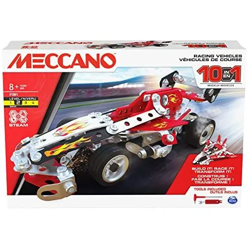 Produktbild: SPIN MASTER MECCANO 10-in-1 Rennfahrzeuge STEM Modellbausatz mit 225 Teilen und echten Werkzeugen, Kinderspielzeug ab 8 Jahren, 6060104