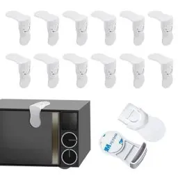 Produktbild: Mecmbj 12 Stück Kindersicherung Schrank, Weiß Schranksicherung Baby, Strong Adhesive, No Drilling, Ein Druck zum Entriegeln, für Schränke und Schubladen, Kühlschrank, Tür, Schrankschloss