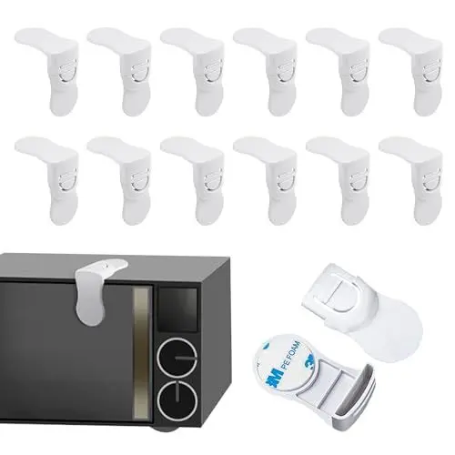 Produktbild: Mecmbj 12 Stück Kindersicherung Schrank, Weiß Schranksicherung Baby, Strong Adhesive, No Drilling, Ein Druck zum Entriegeln, für Schränke und Schubladen, Kühlschrank, Tür, Schrankschloss