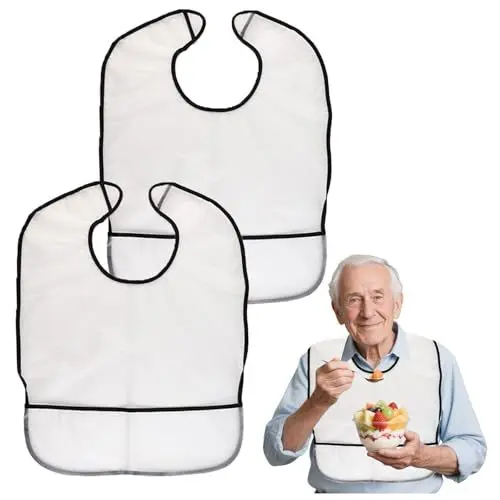 Produktbild: Mecmbj Lätzchen für Erwachsene, 2 Stück Wasserdicht Latz für Senioren, Waschbar, TPU Erwachsenen Lätzchen mit Krümelfänger, Unisex Kleidungsschutz für Mutter Vater Ältere Menschen Behindert(Weiß)