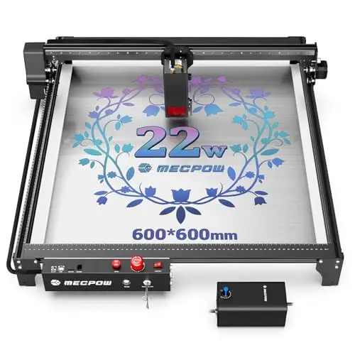 Produktbild: Mecpow X5 Laser Graviermaschine mit Luftunterstützung, 22W Laser Cutter, 144W Leistung Laser Cutter, Lasergravierer für Holz und Metall, Not-Aus, Flammen- und Gyroskop-Erkennung (600X600mm)