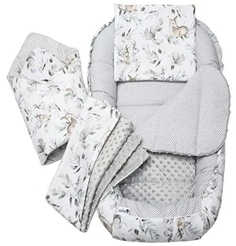Produktbild: Medi Partners Babynest Nestchen Baby Set für Neugeborene - 100x60x15 Kuschelnest 5 teilig tragbar Nest zweiseitig Babynestchen Bett 100% Baumwolle (Hirsch in Blättern mit Grau Minky)