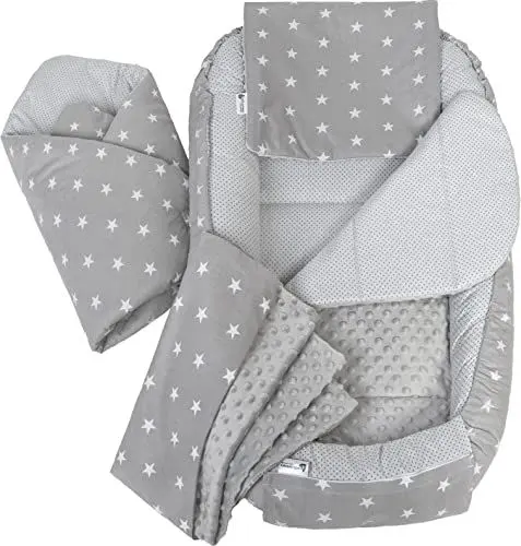 Produktbild: Medi Partners Babynest Nestchen Baby Set für Neugeborene - 100x60x15 Kuschelnest 5 teilig tragbar Nest Babynestchen 100% Baumwolle (Sternen mit graue Minky)