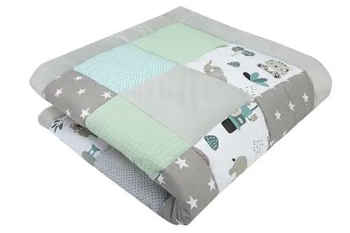 Produktbild: Medi Partners Krabbeldecke für Baby Spielmatte 100% Baumwolle Krabbelmatte - 120x120cm Krabbeldeck Dick Weich Decke Laufgittereinlage Babydecke Minky Waffel Spielbogen (Mint Zoo)