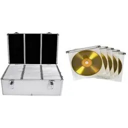 Produktbild: MediaRange Archivierungskoffer für 500 Discs, Aluminium-Optik, mit Einhängetaschen, Silber & Hama CD Doppel-Schutzhüllen (für 100 CDs/DVDs/Blu-rays, zur Befestigung in Hängeregistern) 50er-Pack, weiß