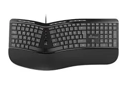 Produktbild: MediaRange Ergonomische Tastatur, kabelgebundene Multimedia-Tastatur mit 124 Tasten und Scroll-Rad, deutsches QWERTZ Layout, spritzwassergeschützt & höhenverstellbar, Farbe schwarz