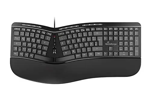 Produktbild: MediaRange Ergonomische Tastatur, kabelgebundene Multimedia-Tastatur mit 124 Tasten und Scroll-Rad, deutsches QWERTZ Layout, spritzwassergeschützt & höhenverstellbar, Farbe schwarz