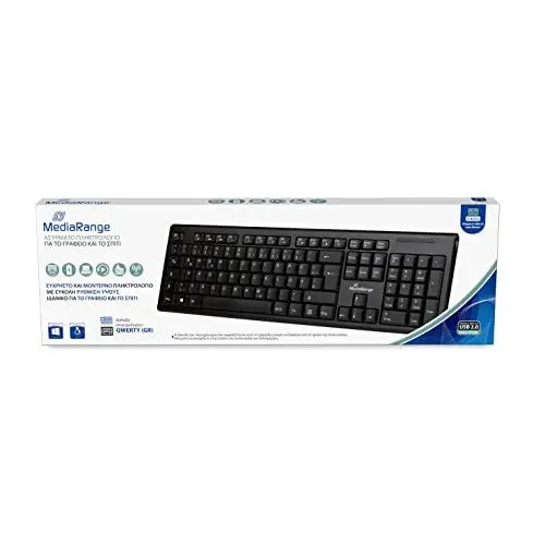 Produktbild: MediaRange kabellose Funk-Tastatur mit 105 Tasten, QWERTY (griechisch) Layout, PC Tastatur Set mit kabellosem USB 2.0 Nano-Empfänger, 10m Sendereichweite, spritzwassergeschützt & höhenverstellbar