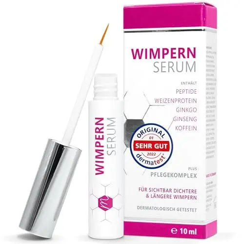 Produktbild: Testsieger 2025: Hormonfreies Wimpernserum 10ml mit Hyaluron, Kollagen, Peptiden, Weizenprotein – Wimpernserum ohne Hormone schützt und kräftigt die Wimpern. Mit Aloe-Vera, Ginseng und Panthenol.