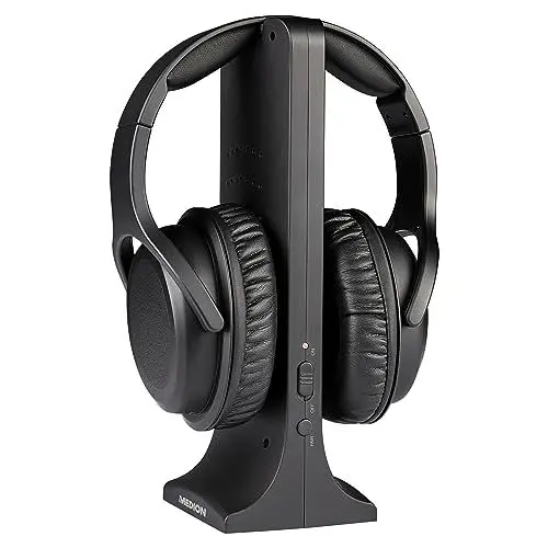 Produktbild: MEDION E62003 Funkkopfhörer (drahtlose Over Ear Kopfhörer kabellos, Reichweite ca. 15 m, bis zu 10 Std Akku Laufzeit, digitaler Sound, hoher, Ladestation)