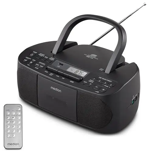 Produktbild: MEDION E65010 Stereoradio (CD-Player, Kassette, USB Anschluss, AUX Audioeingang, MP3-Widergabe. UKW PLL Radio,40 Senderspeicher, Batteriebetrieb, Fernbedienung) schwarz
