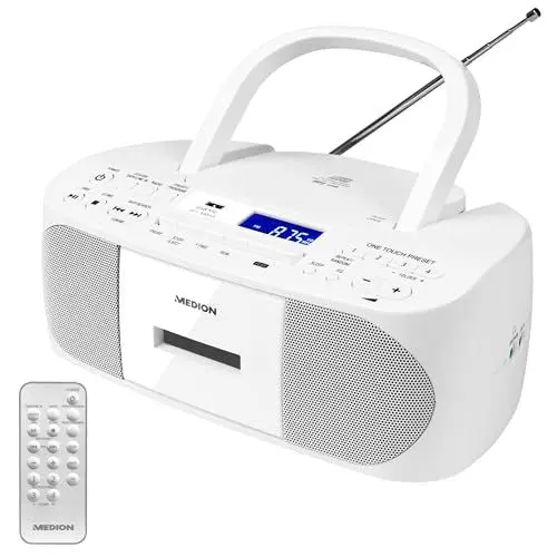Produktbild: MEDION E65010 Stereoradio (CD-Player, Kassette, USB Anschluss, AUX Audioeingang, MP3-Widergabe. UKW PLL Radio,40 Senderspeicher, Batteriebetrieb, Fernbedienung) weiß