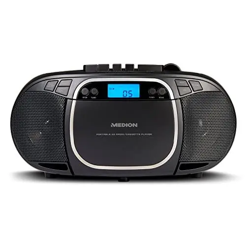 Produktbild: MEDION E66476 Stereo Sound System (Boombox, CD-Player, MP3, Kassette, tragbarer Kassettenspieler für Kinder, UKW Radio, AUX, Kopfhörer, Netz & Batterie) schwarz