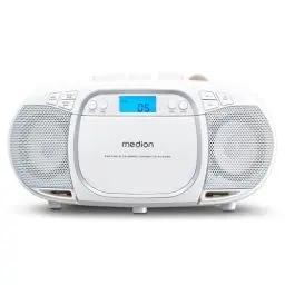 Produktbild: MEDION E66476 Stereo Sound System (Boombox, CD-Player, MP3, Kassette, tragbarer Kassettenspieler für Kinder, UKW Radio, AUX, Kopfhörer, Netz & Batterie) weiß