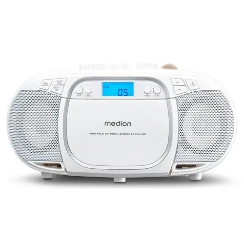 Produktbild: MEDION E66476 Stereo Sound System (Boombox, CD-Player, MP3, Kassette, tragbarer Kassettenspieler für Kinder, UKW Radio, AUX, Kopfhörer, Netz & Batterie) weiß