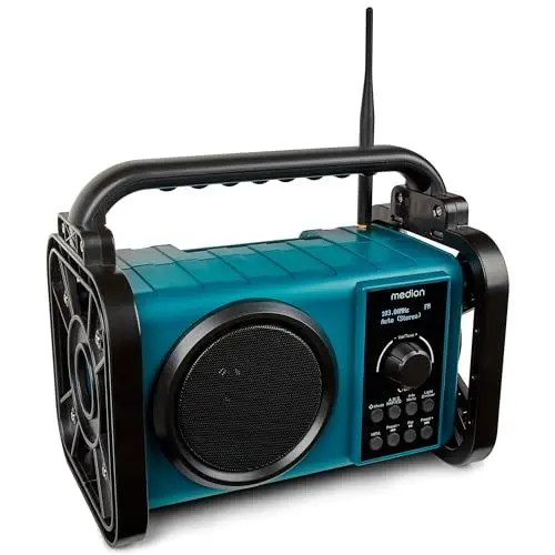 Produktbild: MEDION E66877 DAB+ Baustellenradio (Robustes Gehäuse, Spritzwassergeschützt (IP44), Bluetooth 5.0, PLL UKW Radio, LED-Arbeitslicht, Akku- und Netzbetrieb) blau