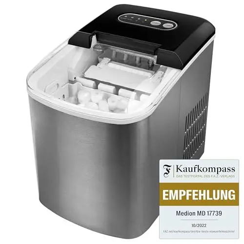 Produktbild: MEDION Eiswürfelmaschine (Eiswürfelbereiter, 2,2 Liter Wassertank, kurze Produktionsdauer 6-12 Minuten, 2 wählbare Eiswürfelgrößen, selbstreinigend, Edelstahl, MD17739)