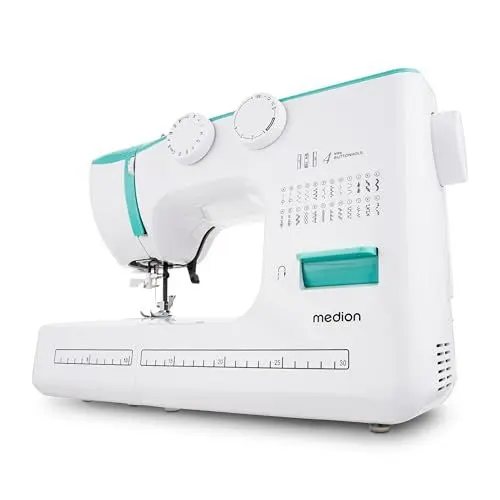 Produktbild: MEDION Freiarm-Nähmaschine SM60 (60 Watt, 60 verschiedene Stichmuster mit Knopflöchern, LED Nählicht, automatischer Einfädler, Rückwärtstaste, Fadenschneider, MD10689) Türkis