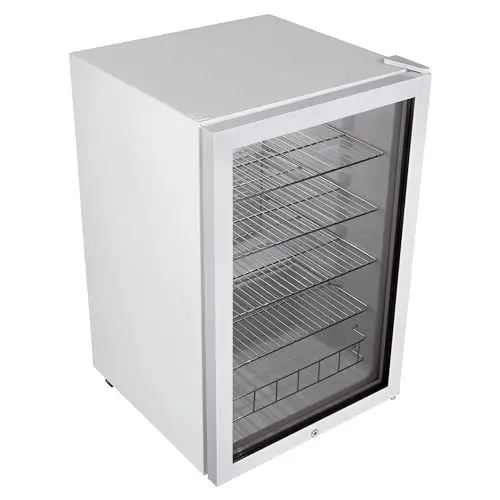 Produktbild: MEDION Getränkekühlschrank mit Glastür (115 L Fassungsvermögen, LED- Innenbeleuchtung, 39 dB, freistehend, höhenverstellbare Füße an der Vorderseite, MD37683) weiß