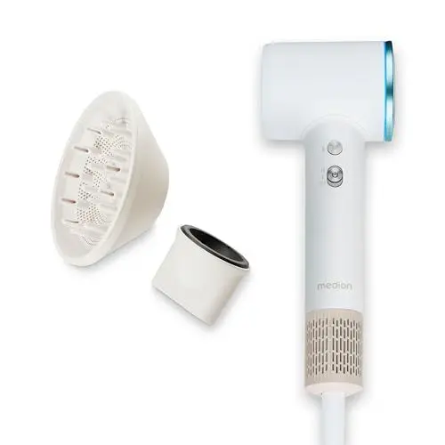 Produktbild: MEDION Föhn - Ionen Haartrockner mit Diffusor HD1 (1.600 Watt, Stylingdüse, magnetische Aufsätze, leise langlebiger BLDC Motor, LED Ringlicht, langes Netzkabel) Haarföhn in weiß