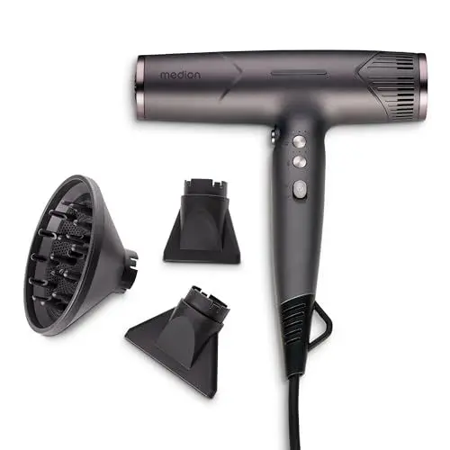 Produktbild: MEDION Föhn - Ionen Haartrockner mit Diffusor HD2 (Ionen, 1.500 Watt, Stylingdüse, vielseitige Aufsätze, leise langlebiger BLDC Motor, Selbstreinigungsfunktion, langes Netzkabel) Haarföhn schwarz