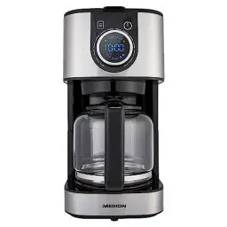 Produktbild: MEDION Kaffeemaschine mit Glaskanne und Timer (Filtermaschine, bis zu 10 Tassen, 1,5 Liter, 900 Watt, Kaffestärke wählbar, Zeitschaltuhr, Warmhaltefunktion, LED Display, MD19480) edelstahl