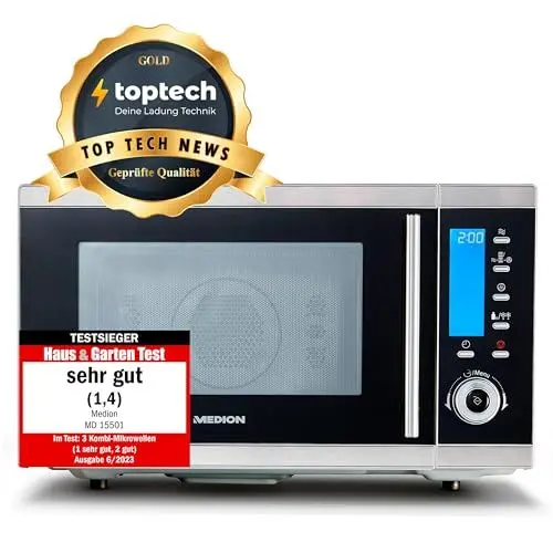 Produktbild: MEDION MD 15501 4 in 1 Mikrowelle mit Grill (25 Liter, 900 Watt, 1100 Watt Grill, 2500 Watt Heißluft, 10 Automatik-Programme) silber