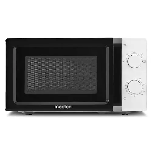 Produktbild: MEDION Mikrowelle (20 Liter, 700 Watt, klein kompakt und platzsparend, 5 Mikrowellenstufen, Auftaufunktion, Timerfunktion, MD11475) weiß