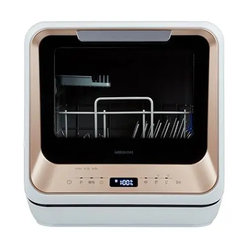 Produktbild: MEDION Mini Geschirrspüler (Tischgeschirrspüler, Spülmaschine, 2 Maßgedecke, funktioniert mit/ohne Wasseranschluss, 6 Reinigungsprogramme, für Babyflaschen, Startzeitvorwahl, freistehend, MD 37217)