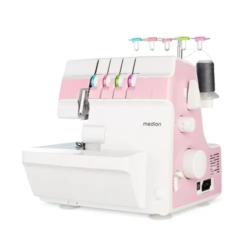 Produktbild: MEDION Overlock Nähmaschine SO90 (elektrisch, 90 Watt, LED Licht, mit einem Arbeitsgang schneiden, umfangreiches Zubehör, MD19169) rosa