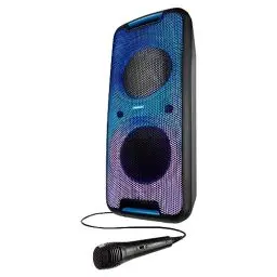 Produktbild: MEDION P61080 Party-Soundsystem (Partylautsprecher inkl. Mikrofon, Karaoke, Akku, Bluetooth, True Wireless Stereo, 2X 450 Watt, Farbige LED, 2X USB, 2X AUX, 2X Mikrofonanschluss, Kompaktanlage)