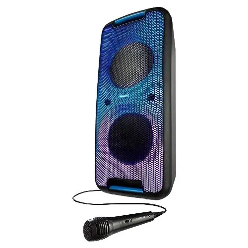 Produktbild: MEDION P61080 Party-Soundsystem (Partylautsprecher inkl. Mikrofon, Karaoke, Akku, Bluetooth, True Wireless Stereo, 2X 450 Watt, Farbige LED, 2X USB, 2X AUX, 2X Mikrofonanschluss, Kompaktanlage)