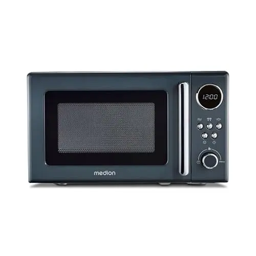 Produktbild: MEDION Retro Mikrowelle (20 Liter, ca. 800 Watt, 5 Mikrowellenstufen, 8 Automatikprogramme, Digitale Anzeige, Auftaufunktion, kompakt, MD15000) grau