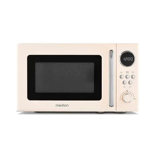 Produktbild: MEDION Retro Mikrowelle (20 Liter, ca. 800 Watt, 5 Mikrowellenstufen, 8 Automatikprogramme, Digitale Anzeige, Auftaufunktion, kompakt, MD15000) beige