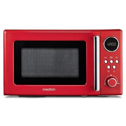 Produktbild: MEDION Retro Mikrowelle (20 Liter, ca. 800 Watt, 5 Mikrowellenstufen, 8 Automatikprogramme, Digitale Anzeige, Auftaufunktion, kompakt, MD15000) rot