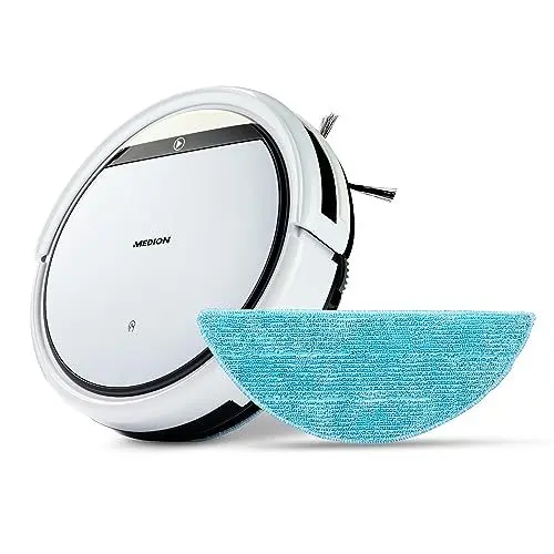 Produktbild: MEDION Saugroboter mit Wischfunktion (90 Min. Laufzeit, 2in1 Saug und Wisch Roboterstaubsauger für Hartböden, Teppiche, Fliesen, Laminat, Tierhaar optimiert, Rückkehr zur Ladestation, MD 18501) weiß