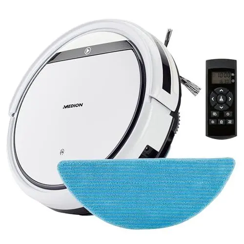 Produktbild: MEDION Saugroboter mit Wischfunktion E32 SW (2in1 Roboterstaubsauger für Böden Fliesen, Tierhaare Allergiker optimiert, Fernbedienung, Ladestation)