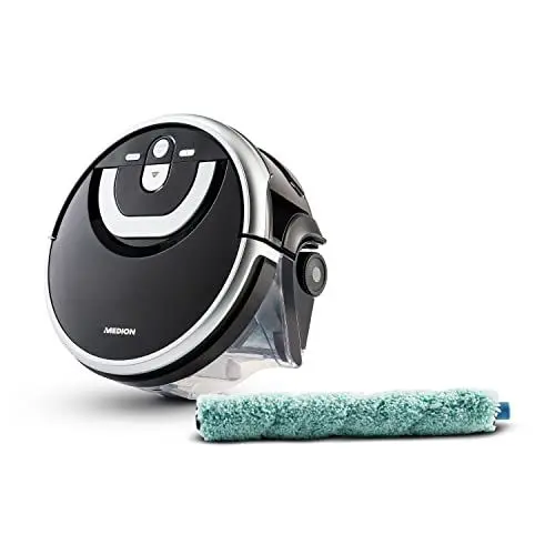 Produktbild: MEDION Wischroboter mit Wassertank (intelligenter Navigation, 80 Min, Bodenreiniger mit Walze für Holzboden Hartboden Parkett, getrennter Schmutzwassertank/Frischwassertank, MD 18379) schwarz