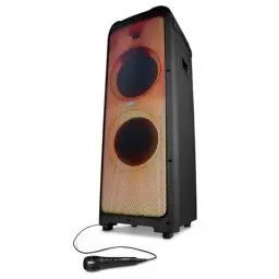 Produktbild: MEDION X61350 Party-Soundsystem (Partylautsprecher inkl. Mikrofon, Karaoke Partybox, Bluetooth, DJ Funktion, LED Lichtshow, 2X 85 Watt + 350 Watt RMS Subwoofer, USB, AUX, Cinch, Gitarrenanschluss)