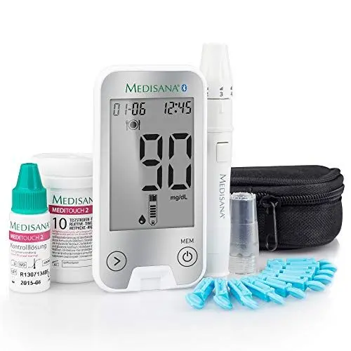Produktbild: Medisana MediTouch 2 connect Blutzuckermessgerät mg/dL und mmol/L, Starterset mit Teststreifen und Blutlanzetten, Blutzuckermesssystem für Diabetiker, Blutzuckerspiegel, Silber-Edition