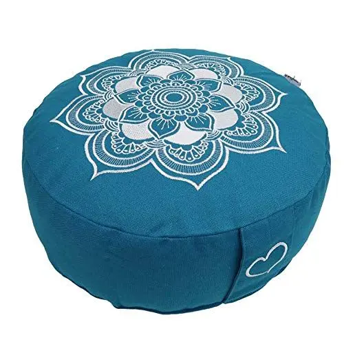 Produktbild: Meditationskissen Yogakissen Celine Madeleine mit Stickerei Bezug waschbar Innenkissen mit Bio-Dinkelspelzen 33 x 15 cm Anfänger und Geübte in grau oder buddhistisch rot (türkis (Kordelzug)