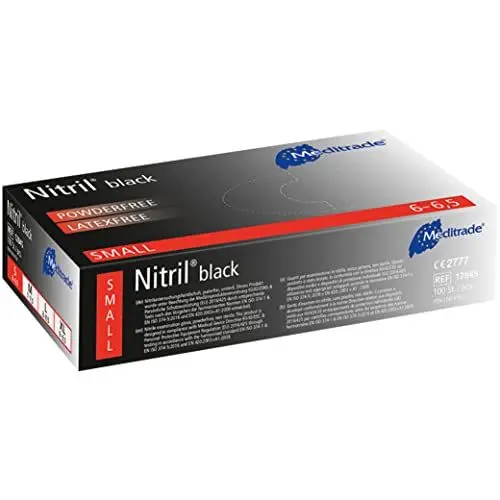 Produktbild: Meditrade Nitril® Schwarze Untersuchungshandschuhe aus Nitril – Puderfrei, latexfrei, vielseitig einsetzbare Schutzhandschuhe für Untersuchungen – Größe S – Schwarz – 100 Stück