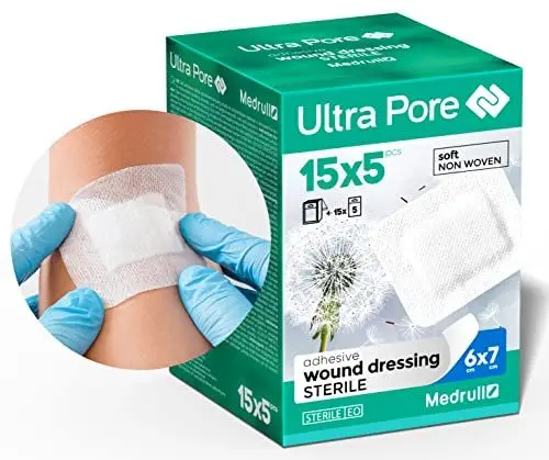 Produktbild: Medrull Wundverband Steril 6x7 cm 75 Stück Einzeln verpackt Ultra Pore SOFT Wundpflaster Starke Klebekraft - Schützt bei Schnittwunden Kratzern