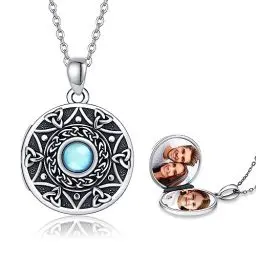 Produktbild: MEDWISE Keltisches Medaillon Kette 925 Sterling Silber Mondstein Kette Foto Anhänger Medaillon Halskette Amulett Medaillon zum öffnen für Bilder Mondstein Schmuck Geschenke für Frauen Mädchen Damen