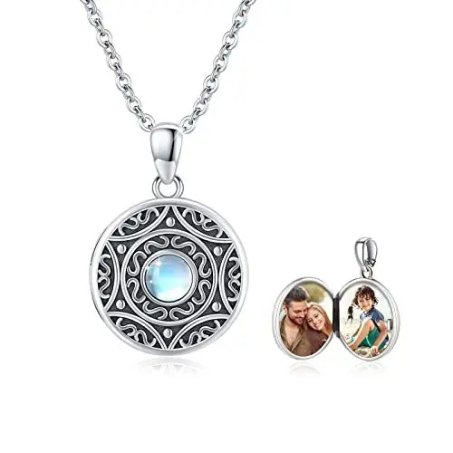 Produktbild: MEDWISE Medaillon Kette mit Bild 925 Sterling Silber Damen Personalisierte Foto Anhänger Halskette Amulett Medaillon zum öffnen für Bilder Photo Mondstein Schmuck Geschenke für Frauen Mädchen