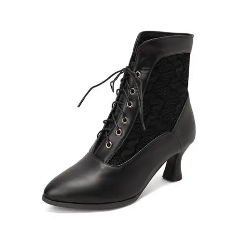 Produktbild: MEECHI Damen Retro Mittelalter Stiefeletten Elegant Absatz Ankle Boots PU-Leder Schnürstiefel Herbst Winter Kurz Stiefel 5.5cm High Heels Freizeit Knöchel Schuhe Für Outdoor, Party(Black,37 EU)