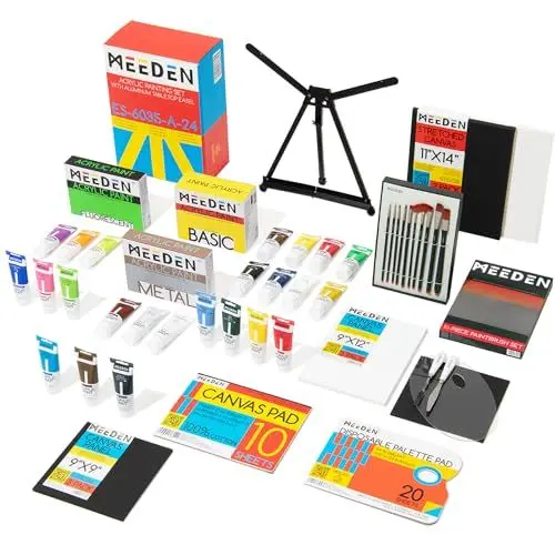 Produktbild: MEEDEN Deluxe Acryl Malset mit 24×120ML Acrylfarben, Aluminium Tischstaffel, 10 Pinsel, Leinwand Panels und mehr Kunstzubehör für Anfänger, Künstler