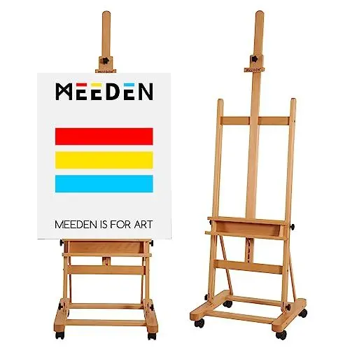 Produktbild: MEEDEN Große Studio Staffelei Holz mit H-Rahmen Buchenholz Künstlerstaffelei, Verstellbar, Beweglich, Neigbar, Bodenmalerei-Staffelei, hält Leinwandkunst bis zu 122 cm (48 Zoll)